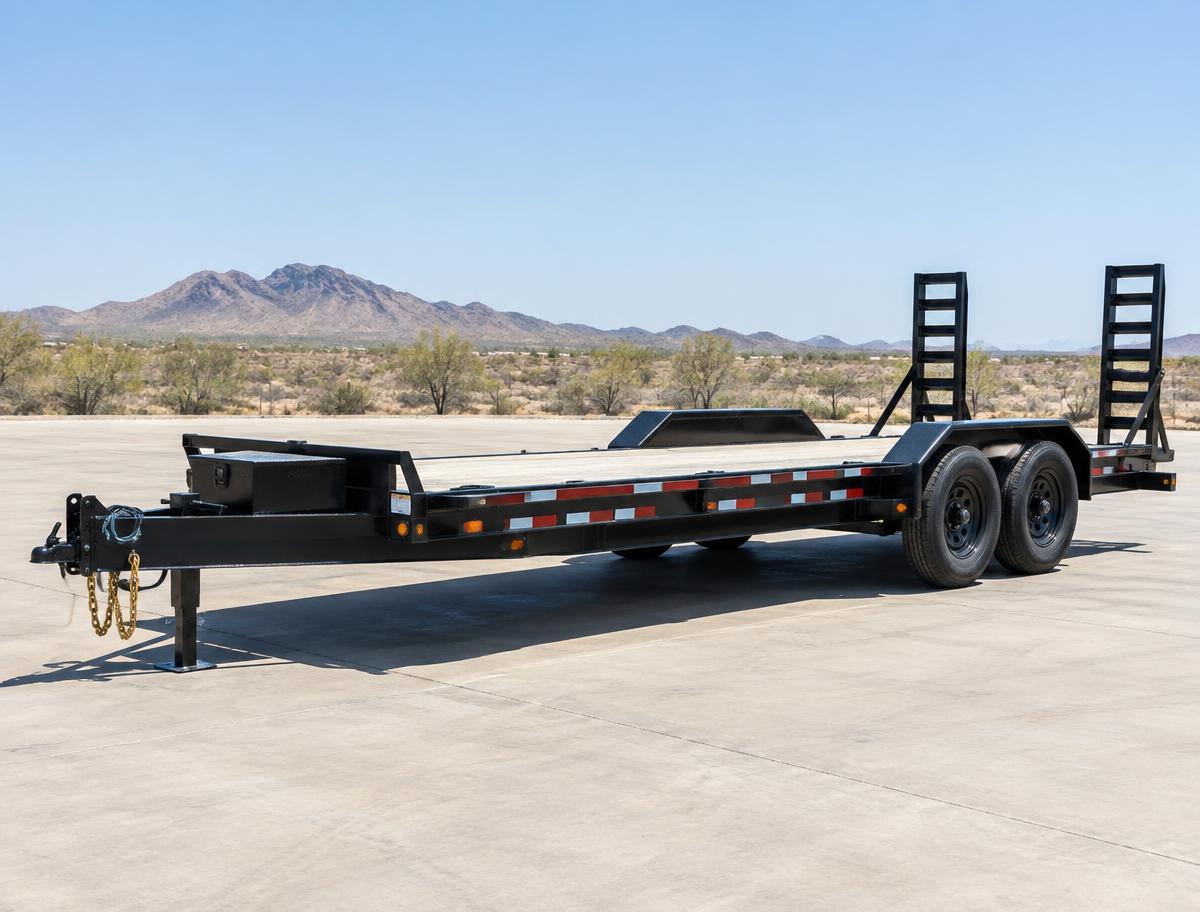 Heavy-duty equipment trailer in an Arizona landscape